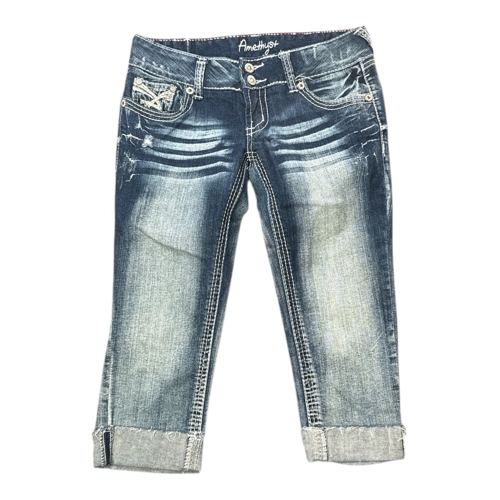 Amethyst Womens Capri‎ Jeans Size 3 Embellished Distressed Blue Denim